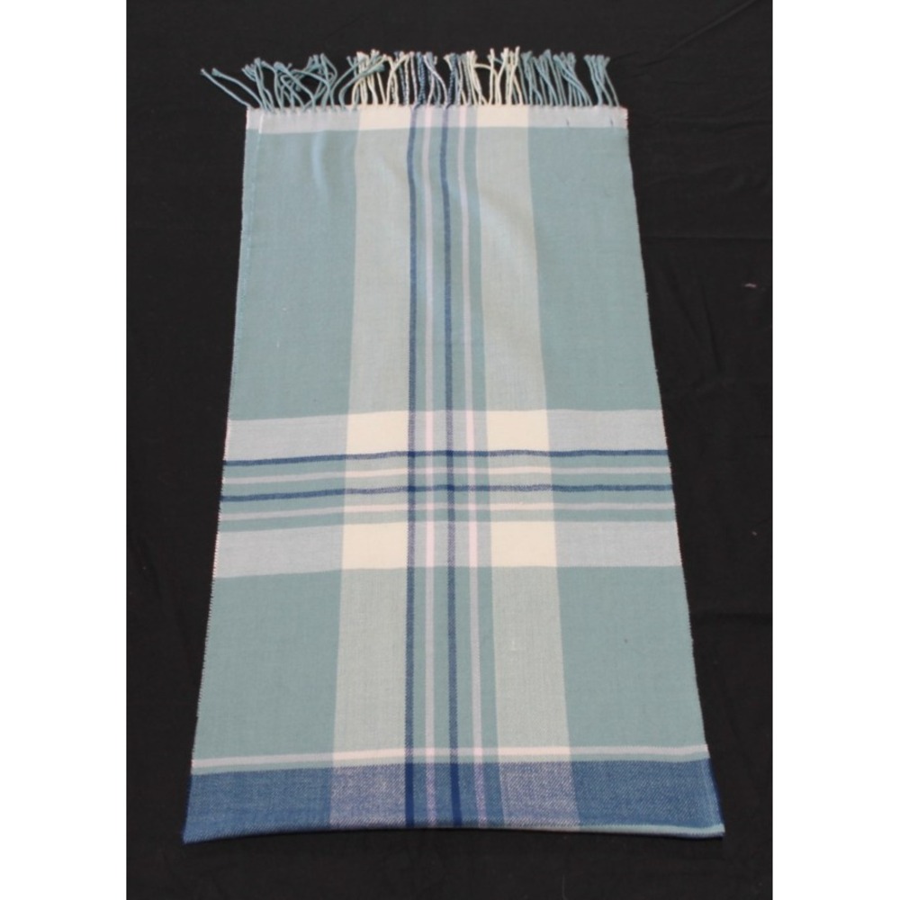 Lands' End Plaid Scarf Blue Green Fringe Soft Winter Wrap 16"x64"